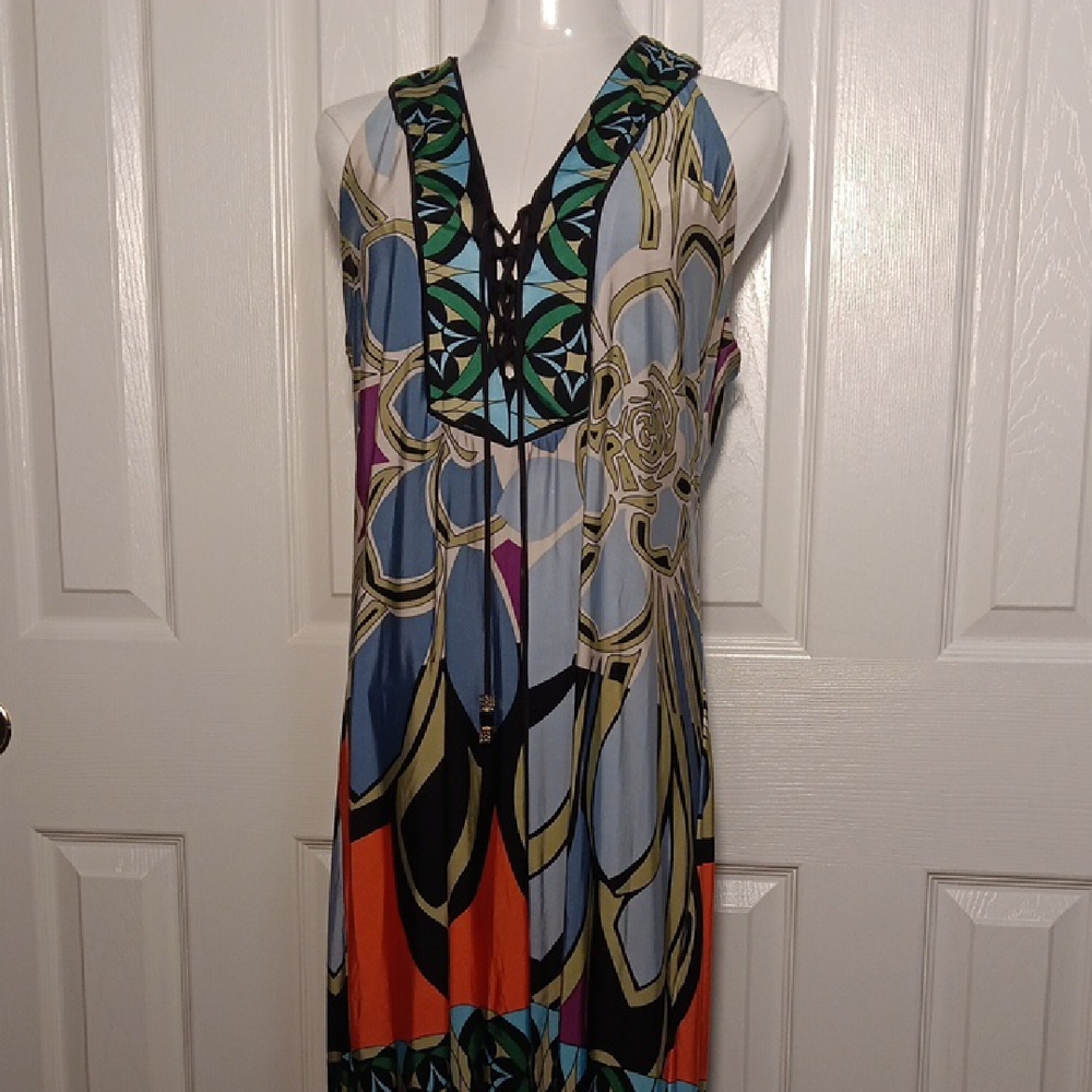 Analili Vibrant Colorful Geometric Midi Dress Large